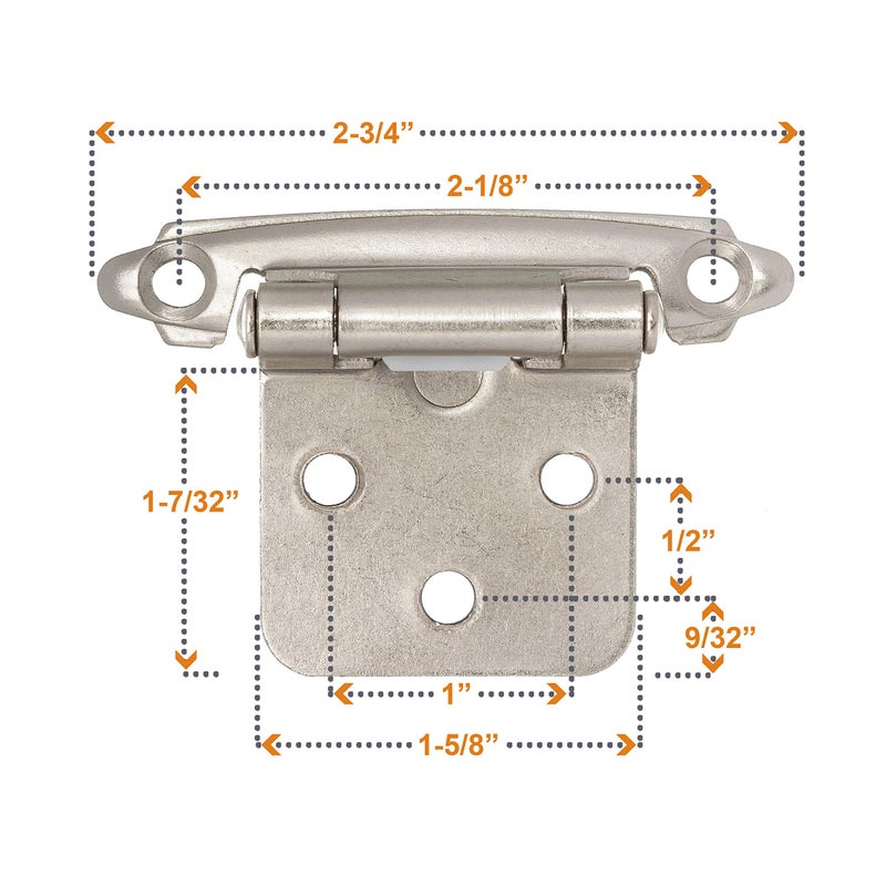 DecoBasics Cabinet Hinges Brushed Nickel for Kitchen Cabinets Doors (30 Pair -60 Pcs) -1/2" Overlay (Variable) -Self Closing Kitchen Cabinet Hinges Flush Mount w/Silicon Bumpers & Hardware Screws - Image 4
